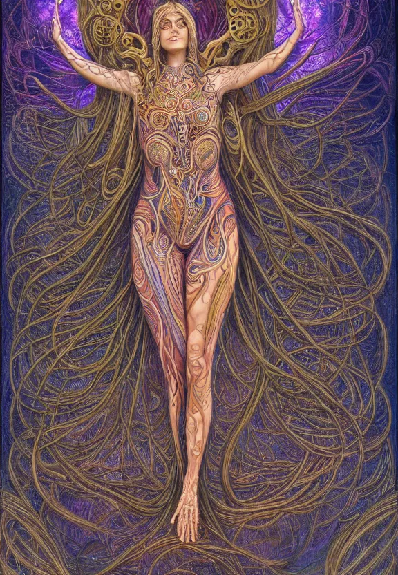 Image similar to perfectly centered full body front view of a beautiful biomechanical moon goddess, flowing hair, intense stare, sweet smile, symmetrical, concept art, intricate detail, volumetric shadows and lighting, psychedelic colors, realistic oil painting, alex grey, gustave dore,