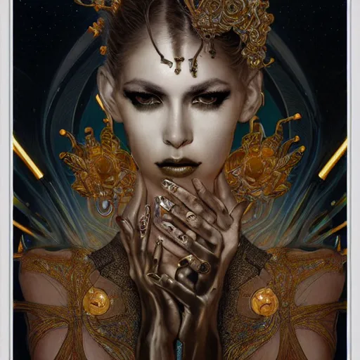 Image similar to extremely psychedelic beautiful cyborg queen of lsd infected by night. intricate, elegant, highly detailed, extremely lifelike photorealistic digital painting, artstation. steichen, gaston bussiere, tom bagshaw, cyberpunk alphonse mucha. elegant minimalism. anatomically correct. sultry rage. sharp focus. gold and black, white accents. lifelike