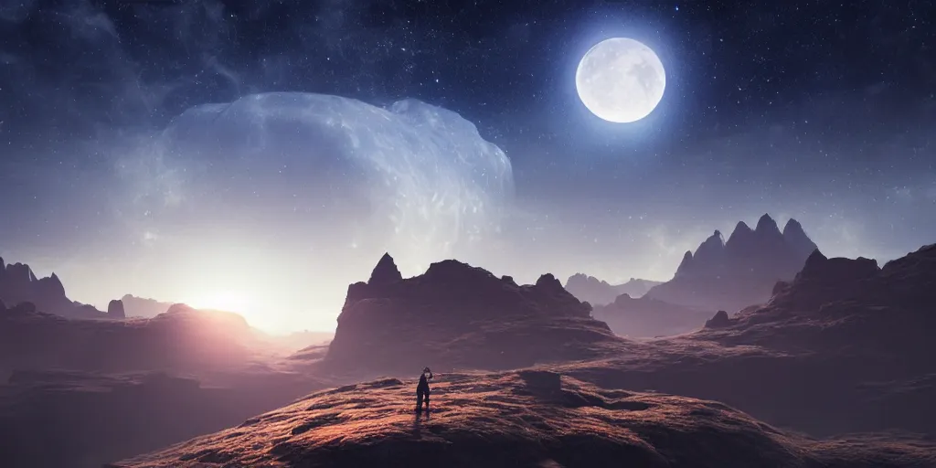 Prompt: dreamy moonlit landscape of a socotra island, realistic detailed digital art by Maxwell Boas Jessica Rossier Christian Dimitrov Anton Fadeev trending on Artstation CGSociety rendered in Unreal Engine 4k HQ