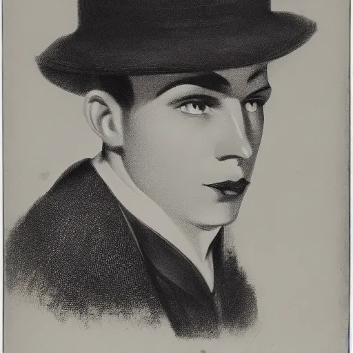 Prompt: a black and white photo of a man wearing a hat, a character portrait by george hurrell, featured on flickr, mannerism, studio portrait, chiaroscuro, 1 9 2 0 s