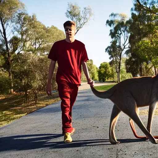 Image similar to Pete Davidson walking a kangaroo, 4k, photorealistic,