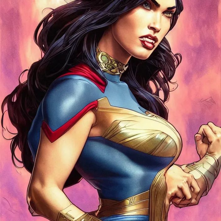 Image similar to megan fox as super girl by artgerm, greg rutkowski, alphonse mucha