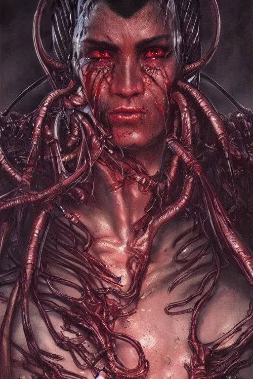 Image similar to realistic portrait beautiful concept art of mortal kombat movie scene when liu kang mutate into alien worm. horror, created by gustave dore and greg rutkowski, high detailed, smooth draw, synthwave neon retro, intricate, trending on artstation.