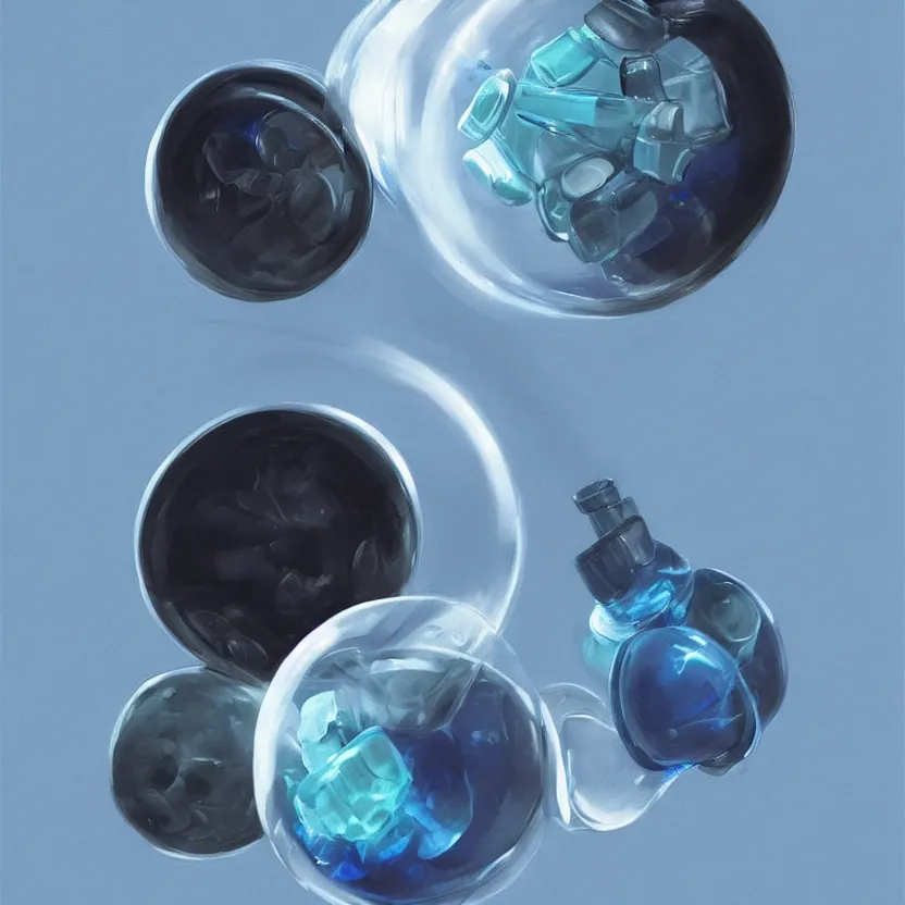 Image similar to concept art of an ethical dietary supplement in a round transparent bottle with black sticker on it, filled with a blue magenta iridescent liquid, by aenaluck, artgerm and roberto ferri and greg rutkowski, light blue and white tones, digital painting, artstation, concept art, smooth, sharp foccus ilustration hq