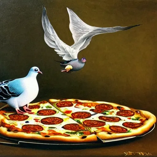 Prompt: a pigeon eating a pizza with its wings, oil painting by salvador dali