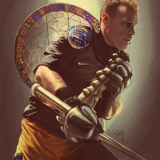 Image similar to Ter Stegen holding a bomb in his gloves, Barcelona and Germany goalkeeper, D&D, fantasy, intricate, elegant, highly detailed, digital painting, artstation, concept art, matte, sharp focus, illustration, art by Artgerm and Greg Rutkowski and Alphonse Mucha