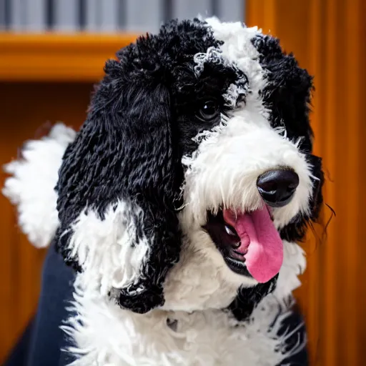 Image similar to a closeup photorealistic photograph of a cute smiling knitted bernedoodle judge dog dressed in a black gown, presiding over the courthouse. indoors, professional capture, well lit shot. this 4 k hd image is trending on artstation, featured on behance, well - rendered, extra crisp, features intricate detail, epic composition and the style of unreal engine.