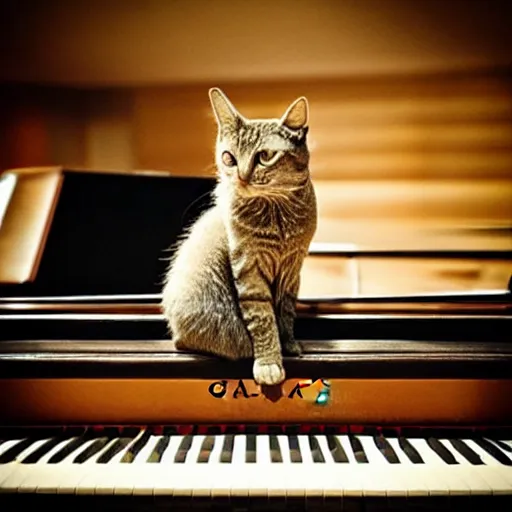 Prompt: “ cat sitting on grand piano concert hall, professional photography ”