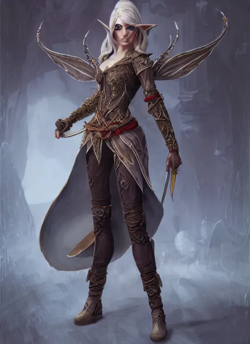 Prompt: full body concept art, Alla Prima painting of a D&D style elven female thief with a very beautiful face and centered eyes wearing full intricate clothing, ultra detailed, octane render, 4K, micro details