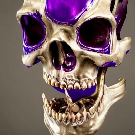 Image similar to a detailed professional portrait of a fancy skeleton with expressive features and metallic teeth, metal teeth, professional photography, longshot, full portrait, skeleton in a suit, purple glowing eyes