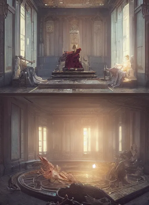 Prompt: the palace chambers in the cognitive realm, photorealistic by michael komarck, greg rutkowski, victo ngai, artgerm, willem claesz heda and j. dickenson