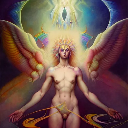 Image similar to psychedelic angelic celestial being artwork of peter mohrbacher, by henry fuseli, ayahuasca, frank xavier leyendecker, energy body, sacred geometry, esoteric art, rainbow colors, divinity detailed, realism, saturated colors,
