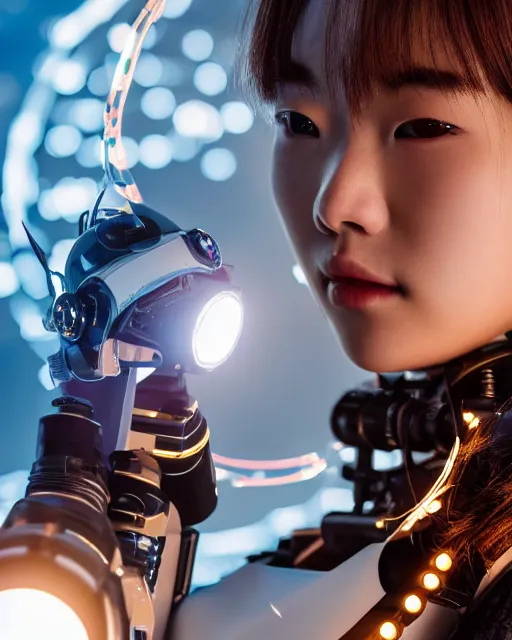 Image similar to beautiful centered photo portrait of korean girl as a solarpunk cyborg with white mechanical parts and implanted bright halogen lamps, treading on calm water, ultra - realistic and detailed, sun lit, white background, bokeh, soft focus, slow exposure hdr 8 k