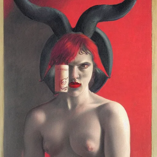 Image similar to a red and evil satan with horns and hooves by Raphael, Hopper, and Rene Magritte. detailed, romantic, enchanting, trending on artstation.