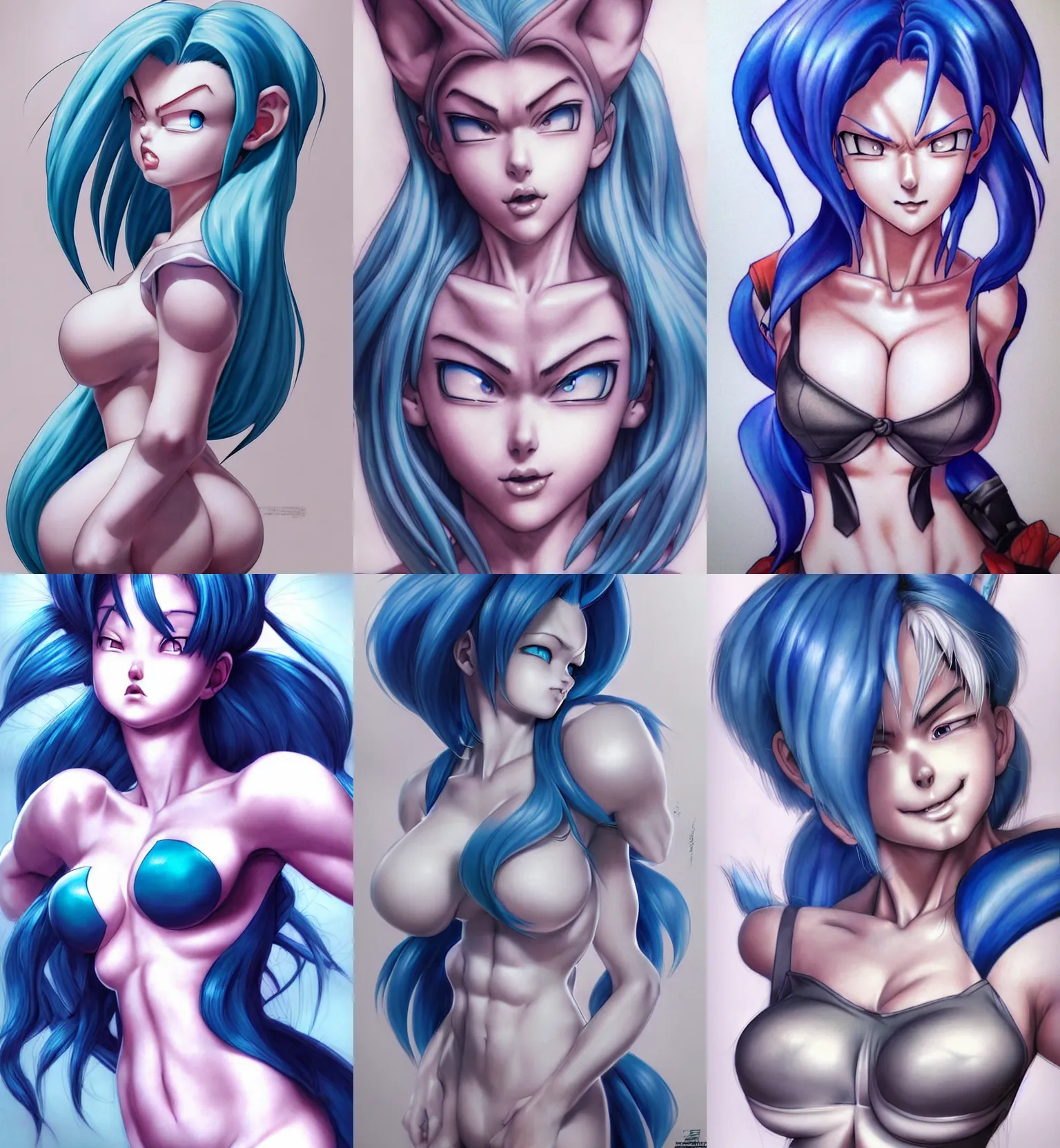 Prompt: gorgeous!! hyper - realistic giant woman resembling bulma + felicia from darkstalkers, tattoos | drawn by artgerm, drawn by wlop, drawn by jeehyung lee | intricate, high detail, ultra graphics, photorealistic, symmetrical, cinematic, smooth, sharp focus, character design, expressive, cute, beautiful!! full body, concept art