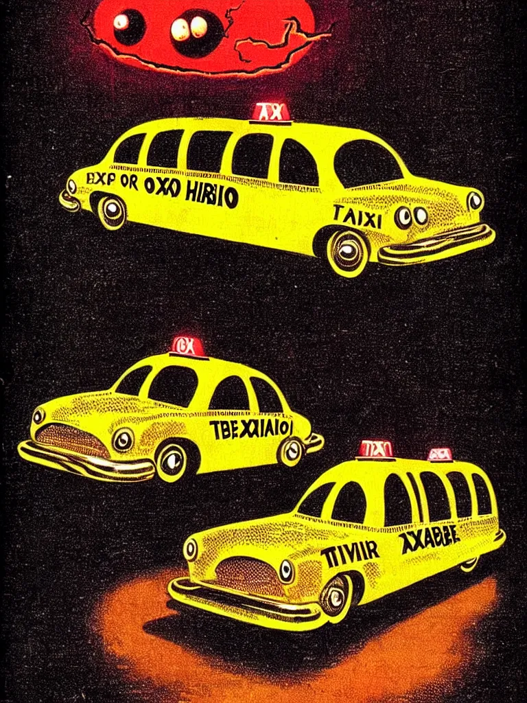 Image similar to Vintage Horror Illustration of a Blob Creature Consuming a Taxi Cab. Glowing , Spooky lighting , Pinterest