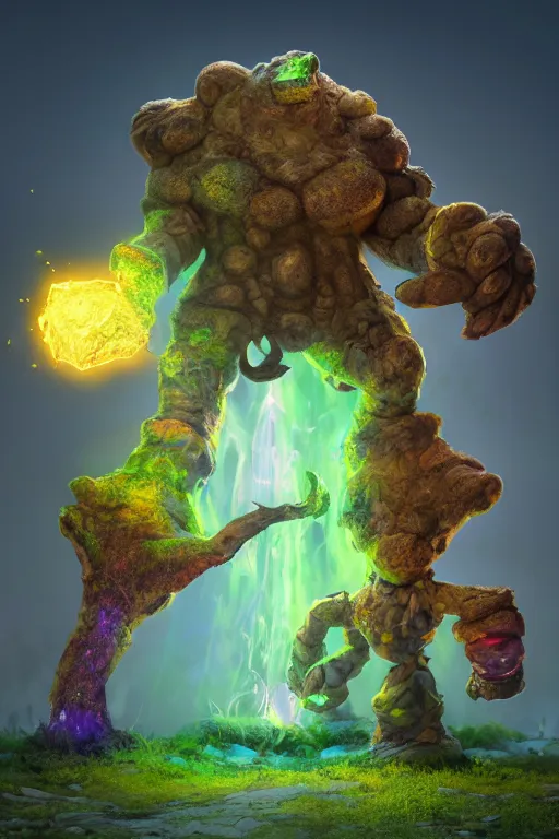 Image similar to arcane fantasy art giant golem elemental wood rock bastion forged gemstone enchanted forest troll, global illumination ray tracing hdr fanart arstation by sung choi and eric pfeiffer and gabriel garza and casper konefal lisa frank zbrush central hardmesh radiating a glowing aura