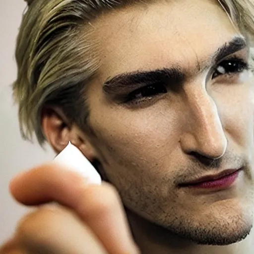 Image similar to a closeup photo of handsome gigachad xqc smoking