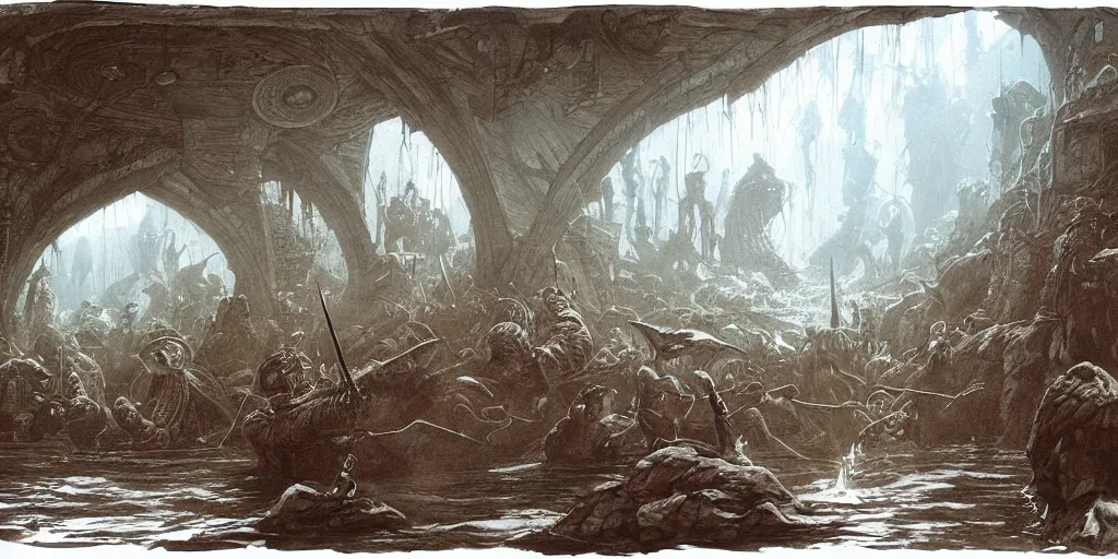 Prompt: art by john howe of the repelling of invaders by making a deal with the devil and finding a secret underwater entrance.