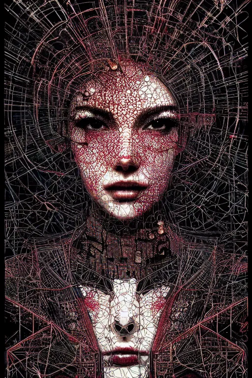 Image similar to dreamy cyberpunk girl, abstract black leather, digital nodes, beautiful woman, detailed acrylic, grunge, intricate complexity, by dan mumford and by chiharu shiota, peter lindbergh