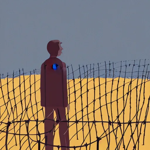 Image similar to a dystopian matte painting of a scared man standing in front of a fence with barbed wire by emiliano ponzi, james gilleard, george ault, david hockney, atey ghailan, albert namatjira, marius borgeaud, minimalist, bauhaus, retrofuturism, concept art, matte background, matte drawing, generative art