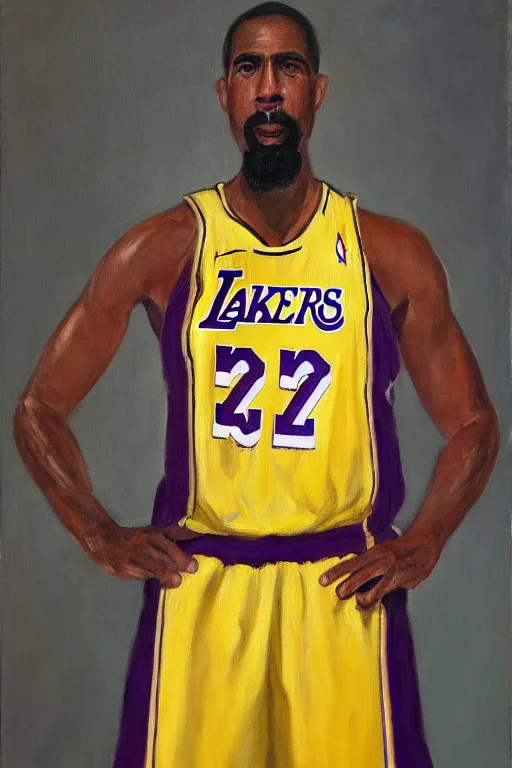 Prompt: full body portrait of the dictator of the los angeles lakers, 1 9 5 5, in full military garb, oil on canvas by william sidney mount, trending on artstation