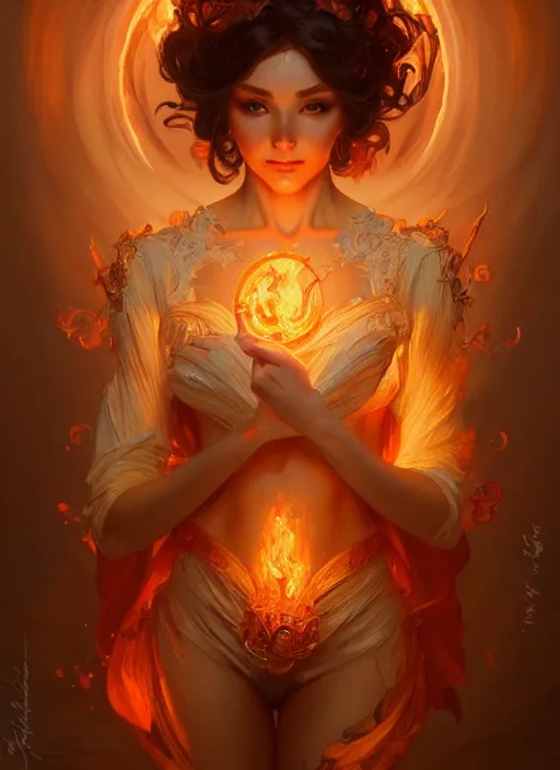 Prompt: a cute fire elemental, fantasy, intricate, elegant, highly detailed, digital painting, artstation, concept art, wallpaper, smooth, sharp focus, illustration, art by artgerm and greg rutkowski and alphonse mucha