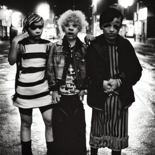 Image similar to night flash portrait photography of punk kids on the lower east side by diane arbus, colorful!!, nighttime!, raining!