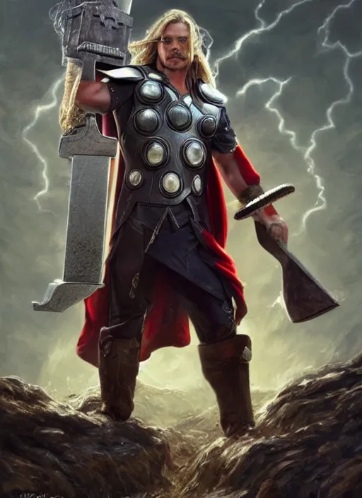 Prompt: johnny depp as thor wielding mjolnir, naturel, hyper detailed, digital art, trending in artstation, cinematic lighting, studio quality, smooth render, unreal engine 5 rendered, octane rendered, art style by klimt and nixeu and ian sprigger and wlop and krenz cushart