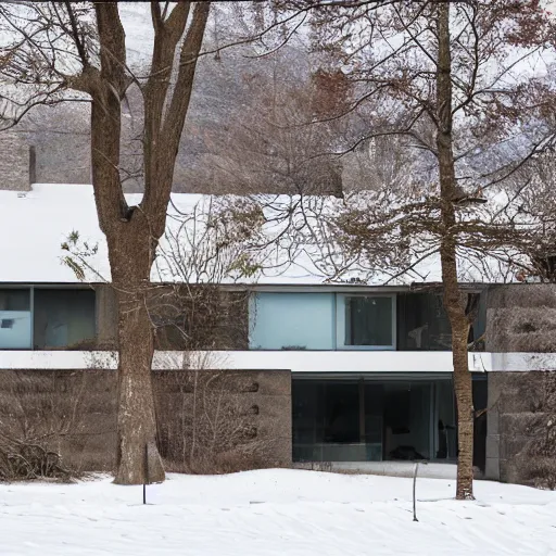Prompt: brutalist modern house in winter