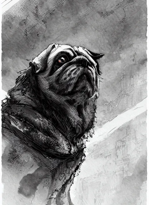 Prompt: a werepug, watercolor, dramatic lighting, cinematic, establishing shot, extremely high detail, foto realistic, cinematic lighting, pen and ink, intricate line drawings, by Yoshitaka Amano, Ruan Jia, Kentaro Miura, Artgerm, post processed, concept art, artstation, matte painting, style by eddie mendoza, raphael lacoste, alex ross