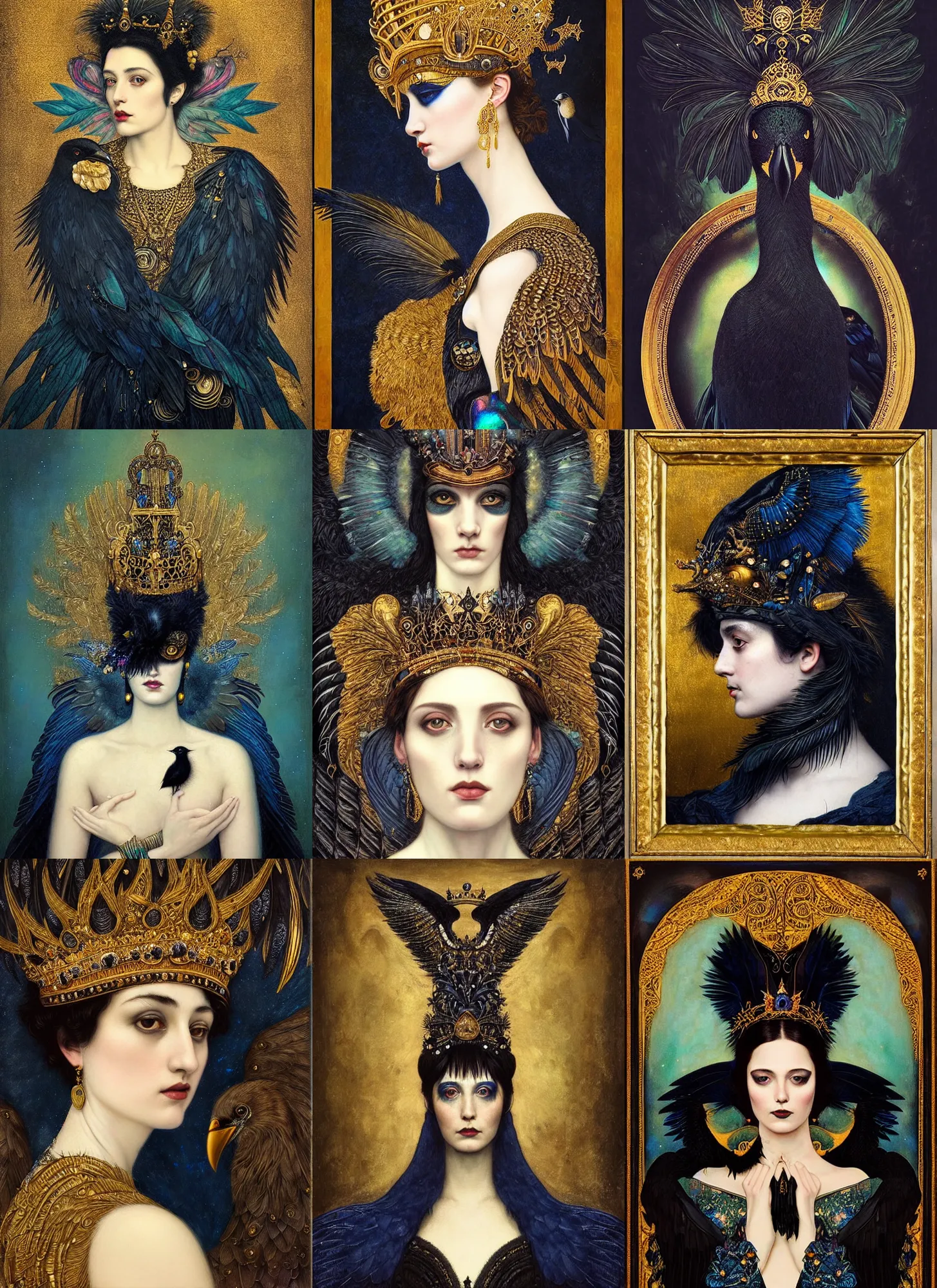 Prompt: “ a majestic portrait of an black bird wearing a crown, with wings made of iridescent black feathers, titian, tom bagshaw, david palumbo, gustav klimt, high detail, intricate ornamental flourishes, mysterious portrait of a woman, black midnight blue and gold ”