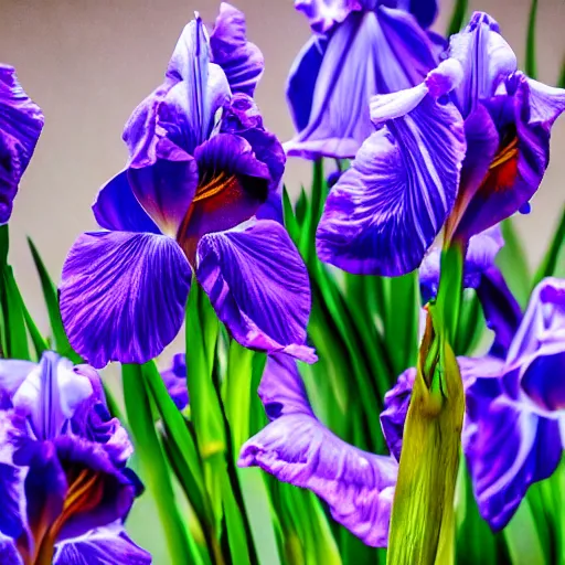 Prompt: close-up photo of an iris, hues of blue and purple