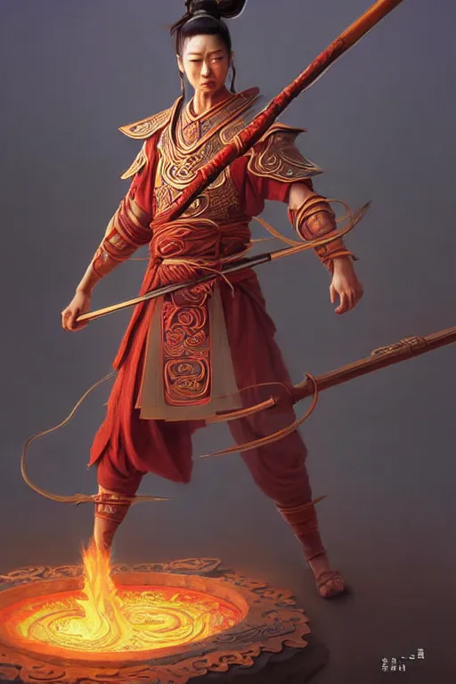 Image similar to handsome nezha, highly detailed, man holding spear, flame everywhere, epic pose, masterpiece chinese fantasy character portrait, highly detailed, digital painting, trending on artstation, concept art, sharp focus, illustration, global illumination, ray tracing, realistic shaded, art by artgerm and greg rutkowski and fuji choko and viktoria gavrilenko and hoang lap