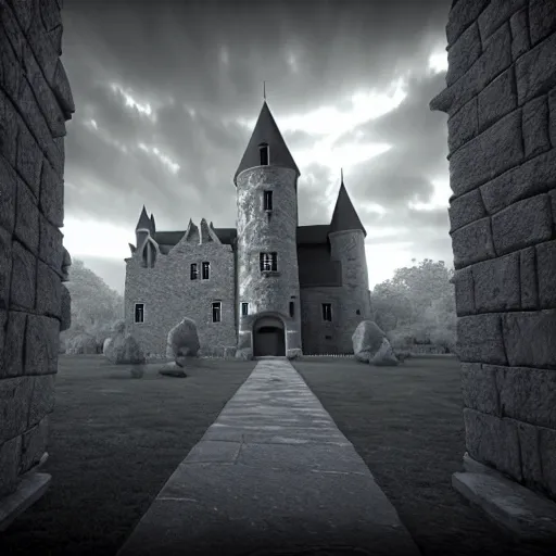 Prompt: old kansas castle, hd, 8 k, giant, epic, realistic photo, unreal engine, stone walls, prayer, powerful, cinematic lighting, small blobs, dungeon, violent, friendly, ray tracing, dynamic, epic composition, bright, fantastic, amusing, funny, monochrome drawing