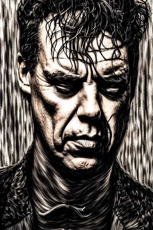 Image similar to till lindemann, detailed acrylic, grunge, intricate complexity, by dan mumford and by alberto giacometti, peter lindbergh