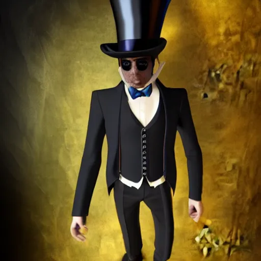 Image similar to a highly detailed portrait of a man in a high top hat covering his face, in a black tailcoat with a yellow waistcoat under the tailcoat, artstation, deviantart, professional, unreal engine 5, photorealistic