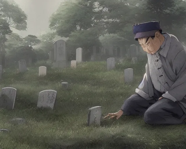 Prompt: a 50 year old brunnete chinese man kneeling over a grave in a cemetery, horror scene, dramatic, anime art, Greg Rutkowski, studio ghibli, dramatic lighting