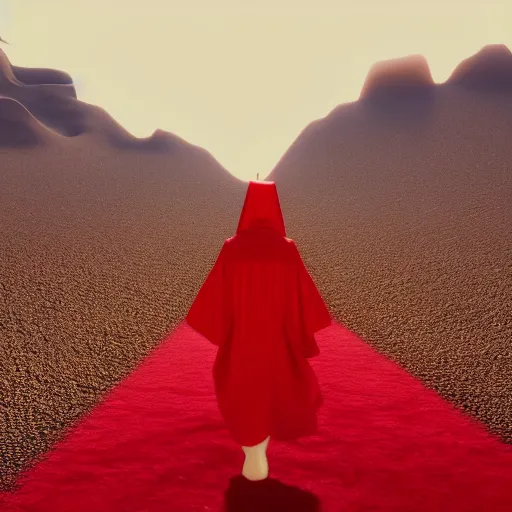 Image similar to an evil priest wearing red robes walking in a desert, sunny weather, gerhard richter, rendered in octane, realistic, 8 k, vivid, intricate, detailed