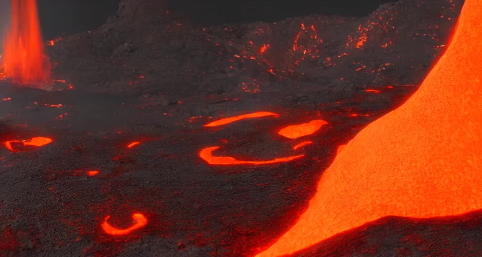 Image similar to volcano with glowing orange lava rolling down the side of it, low lighting, unreal engine 5 octane render