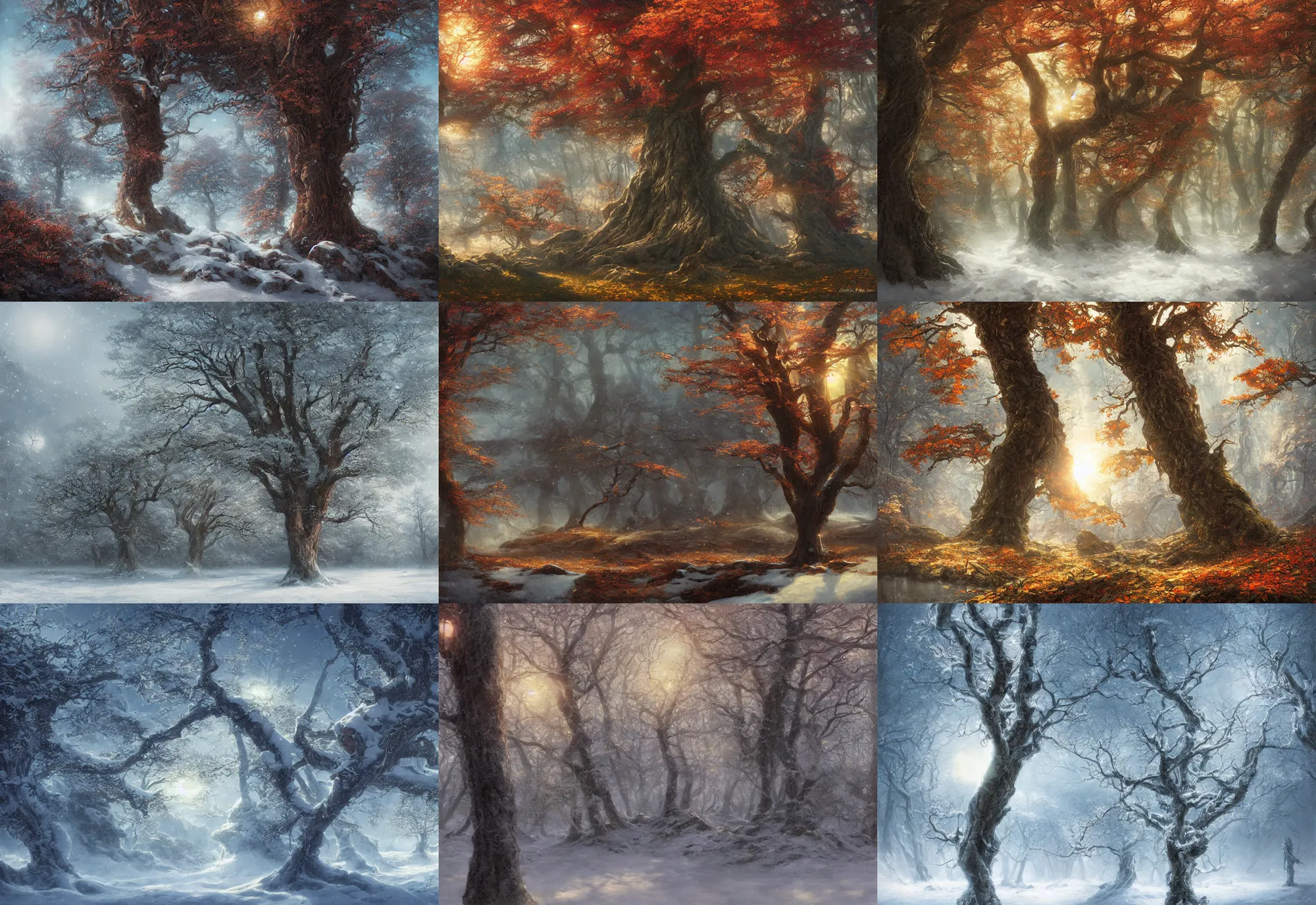 Prompt: tree, spring, summer, autumn, winter, snow, volymetric light, highly detailed matte painting, coherent composition, rule of thirds, noriyoshi ohrai, charlie bowater, mark brooks