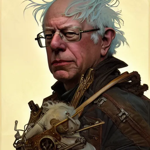 Image similar to post apocalyptic bernie sanders, fantasy, d & d, intricate, detailed, by by alphonse mucha, adolfo hohenstein, alice russell glenny, stanley artgerm lau, greg rutkowski, detailed, trending on artstation, trending on artstation, smooth