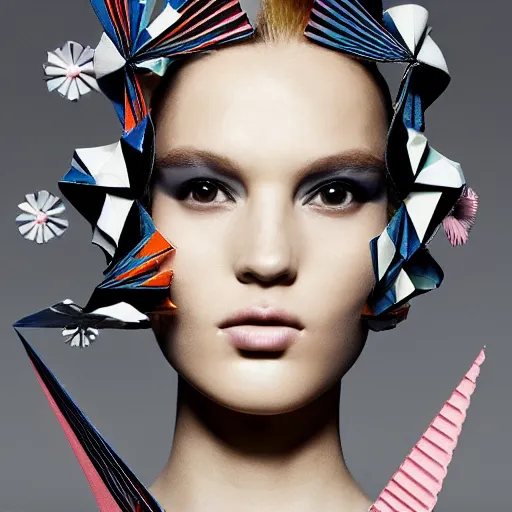 Image similar to portrait of a beautiful model wearing origami themed paper flower and geometric shapes haute couture by issey miyake