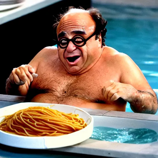 Prompt: danny devito swimming in spaghetti. he's not happy about it.