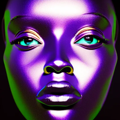 Prompt: portrait of metallic robot face, african woman, iridescent colors, smooth reflections, proud looking away, outdoor, blue sky, 8 k, realistic, depth of field, highly detailed, award winning photography, by richard mosse