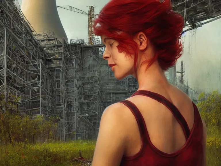 Prompt: red hair girl, chernobyl powerplant!!!, rubble!, ruins!!, flowers, vines, hyperrealistic, highly detailed, cinematic, single ray of golden sunlight, beautiful, cgssociety, artstation, 8 k, oil painting by greg rutkowski, by artgerm, by wlop