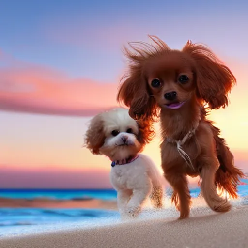 Prompt: a photorealistic closeup image of a cute brown colored long haired chihuahua cocker spaniel dog playing with a happy white bichon frise puppy on the beach. sunset, surf. brightly lit. extreme detail. unreal engine