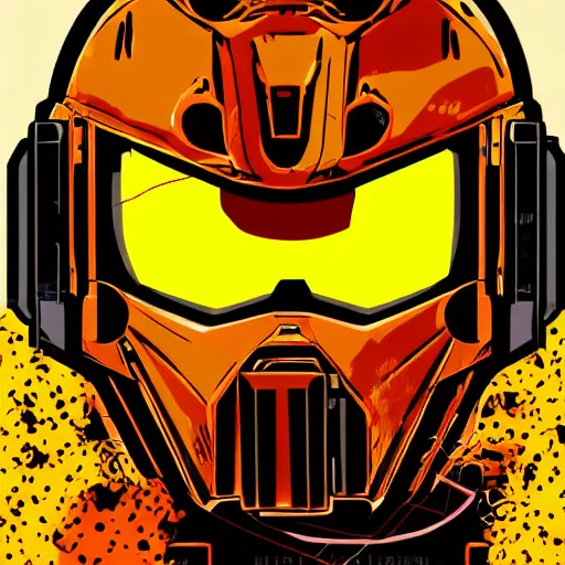 Prompt: helmet lion cyberpunk made of yellow lava and fire in borderlands 3 style, illustration, vector art, drawing, mecha, epic size, epic scale, macro art