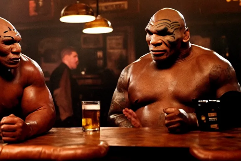 Prompt: a giant toad and mike tyson sitting in a bar, movie directed by martin scorsese and christopher nolan, masterpiece, 8 h