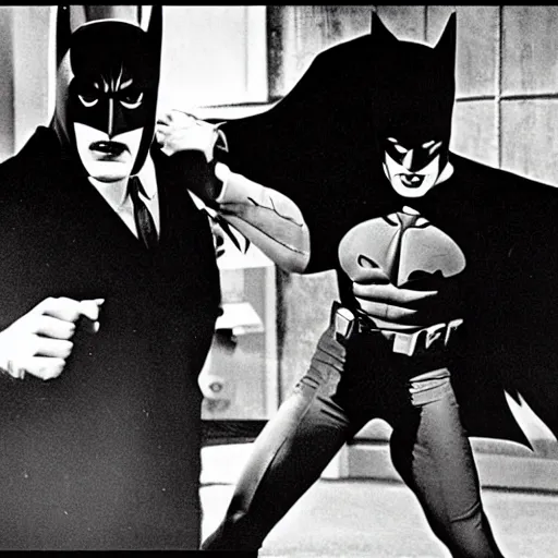 Image similar to still from the 1 9 6 0 s batman tv series showing batman fighting the joker